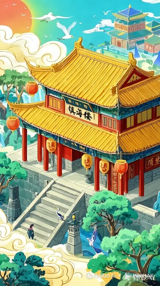 图中的镇海楼，整个建筑，如同火箭一样，发射上天，在发射阶段，建筑下方产生大量浓烟，2秒后，飞到天上。[推出,上升,下摇] by Hailuo AI Video Generator