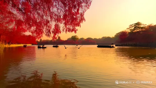 镜头从颐和园昆明湖的湖面缓缓推进,波光粼粼的湖面映着红叶浸染的倒影,夕阳余晖铺洒在湖面上,游船悠悠划过,惊起几只飞鸟掠过湖面。镜头微微上扬,聚焦于远处佛香阁的金色轮廓,古建筑在暮色中若隐若现,尽显皇家园林的宁静与壮美。 by Hailuo AI Video Generator