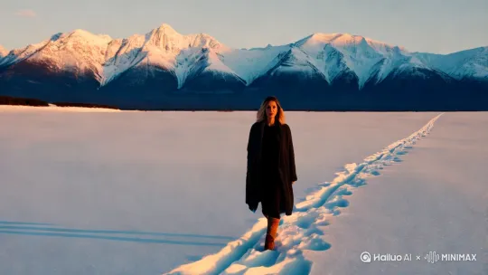 一个女人从远处正面走来的视频，背景是雪山 by Hailuo AI Video Generator