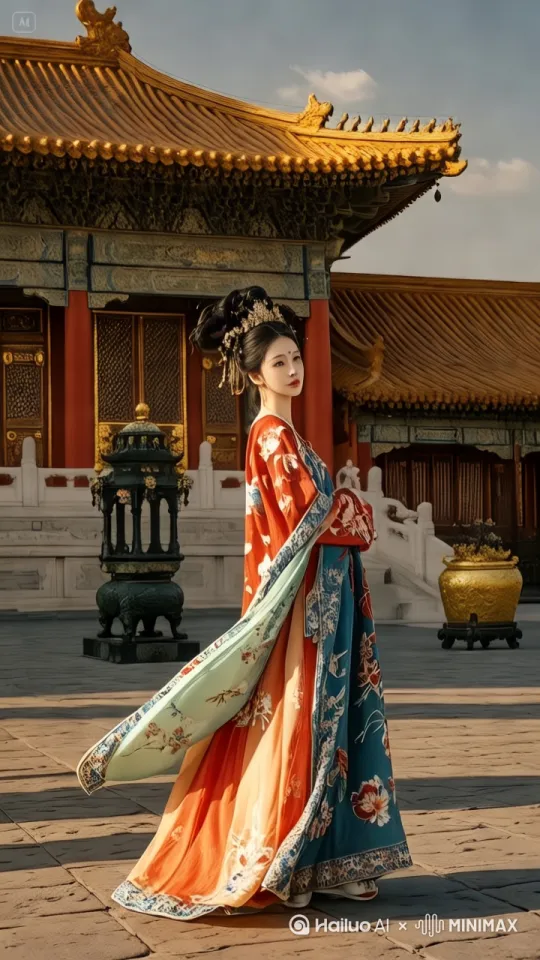 美女轻功优雅地飞上屋顶，镜头移动，动态跟随[推出,上升,下摇] by Hailuo AI Video Generator