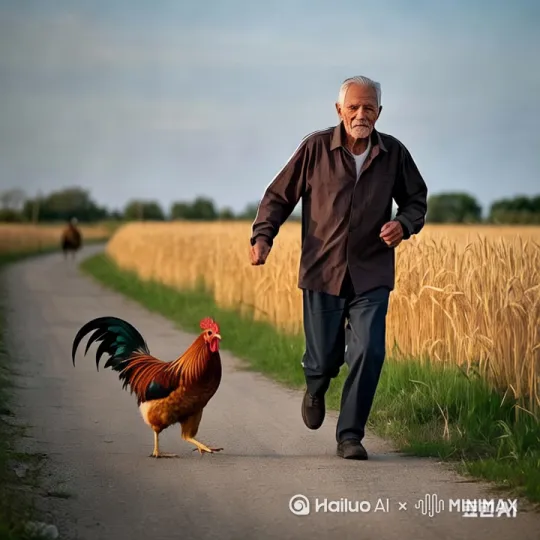 老头去抓鸡，鸡快速的跑来开，老头没有抓住差点摔倒 by Hailuo AI Video Generator