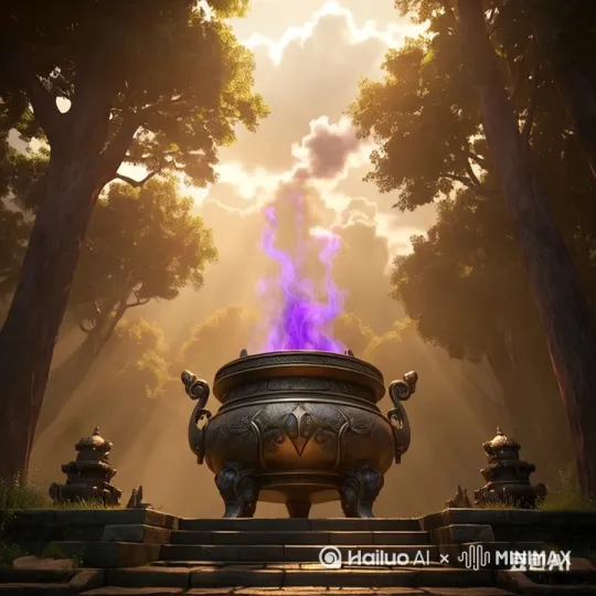 日光明媚，照耀在香炉上，香炉缓缓转动，[左移,右摇,跟随]紫色的香烟向上袅袅升起，越来越好。显示天空的碧蓝色[推进,上升] by Hailuo AI Video Generator