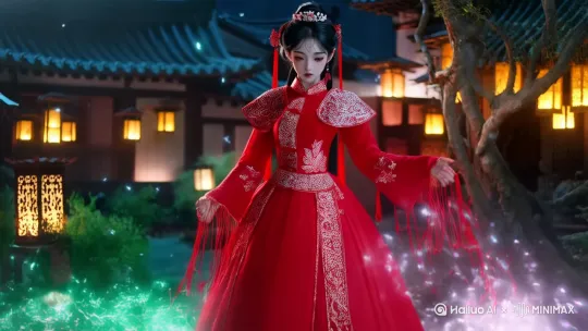 根据囍这首歌的背景创作身穿红色嫁衣的美丽女子，以虚幻引擎5的风格呈现，视觉内容丰富，生物发光，微粒发光，这个场景具有中国式恐怖意识流，具有逼真的超细节渲染，顶级高清，顶级品质

 by Hailuo AI Video Generator