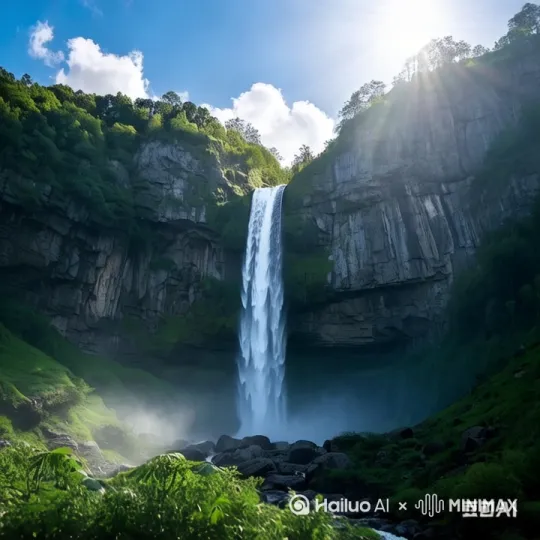一条瀑布，水流流下来，溅起一层水花，水雾弥漫[左移,推进,右摇]
天空晴朗，山清水秀[推出,上升,下摇] by Hailuo AI Video Generator