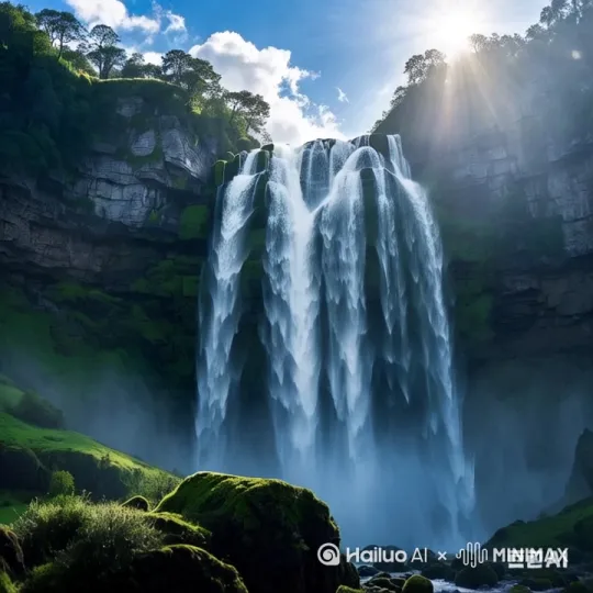 瀑布的水流，快速的，不断的，从很高的山上，向下流，显示瀑布的宏达壮观，水雾弥漫[推进,上升]
风吹起来的雨雾，让人间犹如仙境[左移,上升] by Hailuo AI Video Generator