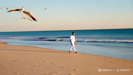 辽阔的海滩上，海鸟在天空中自由翱翔，一位男子身穿白色的休闲服，赤着脚在沙滩上漫步，神情显得格外悠闲。这样的场景让人感受到一种与自然融为一体的宁静与舒适。[右摇,变焦推进] by Hailuo AI Video Generator