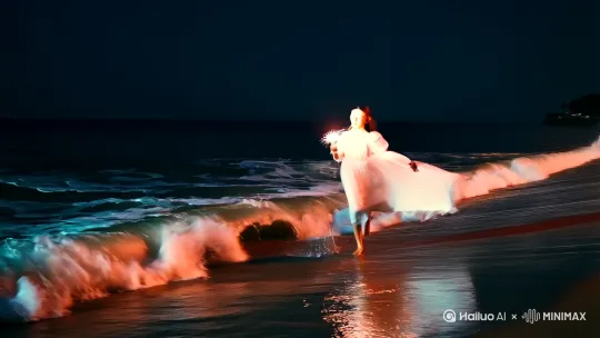 【海边焰火·神明少女】
#破碎感美学 #情绪大片
构图：浪花打湿白裙赤足奔跑，手持仙女棒映亮泪痣，烟火照亮侧颜的明暗交界 by Hailuo AI Video Generator