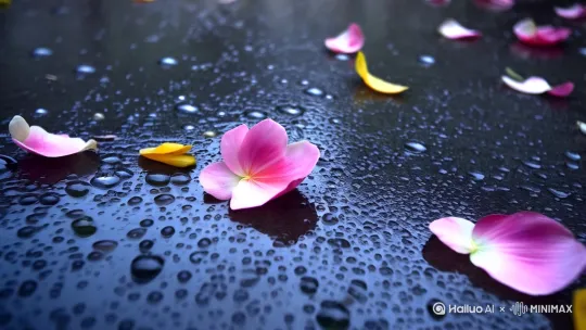 高细节纹理，花瓣的柔软质感，雨滴的反射光，整体画面充满诗意 | 从特写缓慢拉远，展现从细节到整体的过渡，突出落花的唯美与春天的凋零感                | 高度细致且逼真写实的风格呈现：地面落花，花瓣纹理清晰，雨滴反射光，庭院春意盎然，开满花的树，高细节纹理，柔软质感，诗意画面。[左移,上升] by Hailuo AI Video Generator