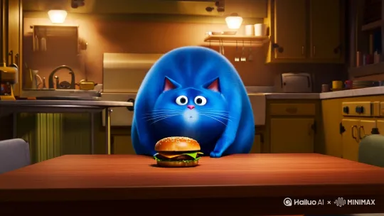 一只非常非常胖的蓝色胖猫偷吃汉堡 by Hailuo AI Video Generator