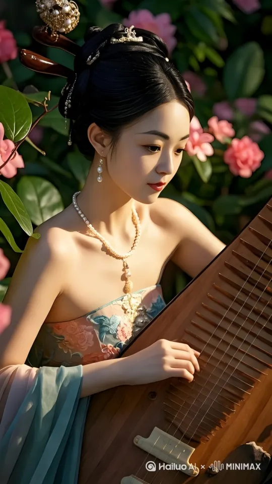 手轻轻拨动古筝，相思的表情，镜头慢慢跟随向右移动 by Hailuo AI Video Generator