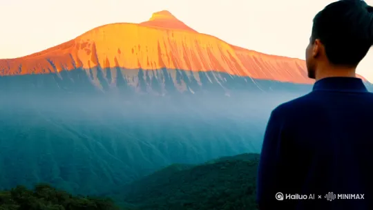 给我生成一段一个中国青年男子远望看日照金山的视频，日照金山要非常震撼，时间10s左右[推出,上升,下摇][推出,上升,下摇] by Hailuo AI Video Generator