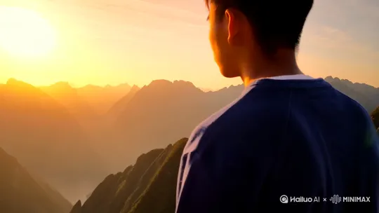 给我生成一段一个中国青年男子远望看日照金山的视频，日照金山要非常震撼，时间10s左右[推出,上升,下摇][推出,上升,下摇] by Hailuo AI Video Generator