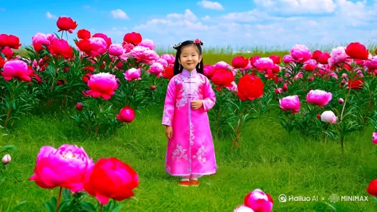 一个可爱小女孩穿着唐服，在长满牡丹花的地方，地下绿油油的小草，天上蓝天白云，满脸笑容的说着:祝所有人永远健康，必须发财。 by Hailuo AI Video Generator
