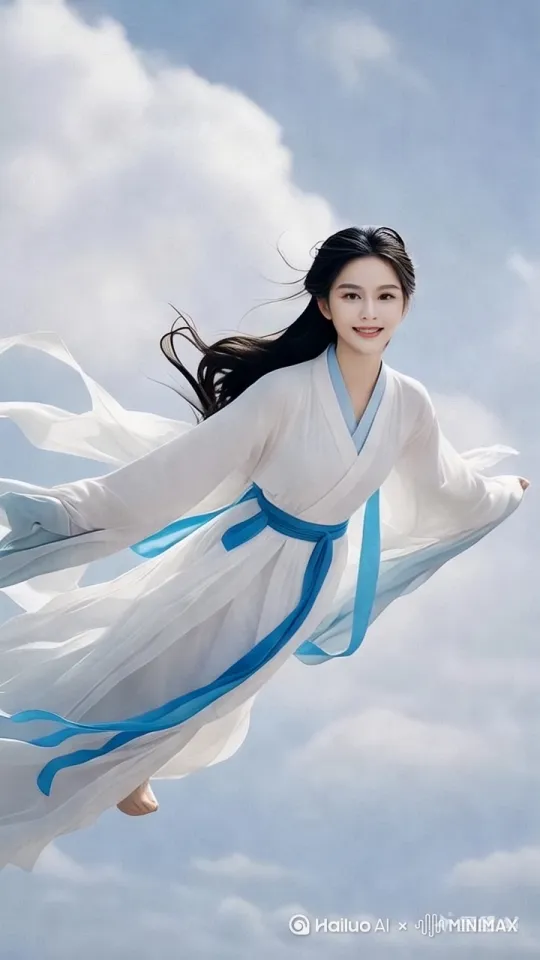飞天仙女在天空中飞行，快速高空跟踪镜头移动，无人机视角，一个超现实的高速梦境序列，平滑水平飞行的感觉，衣服随风摇摆。相机从略高位置的俯视角度紧密跟踪，从左后方向右后方移动，保持对站立姿势的持续视角，随着角度迅速穿越场景，身后的云朵快速向后移动。[右摇,变焦推进][右移,左摇,跟随] by Hailuo AI Video Generator