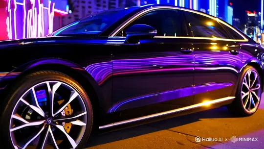 第"A sleek black 2023 Audi S8 parked on a neon-lit city street at night, glossy body reflecting blue and purple neon lights, silver multi-spoke alloy wheels visible, blurred high-rise buildings in the background, cinematic 360-degree slow orbit shot, hyper-realistic 4K visuals, moody Hollywood-style atmosphere, cold blue tones with subtle warm highlights." by Hailuo AI Video Generator