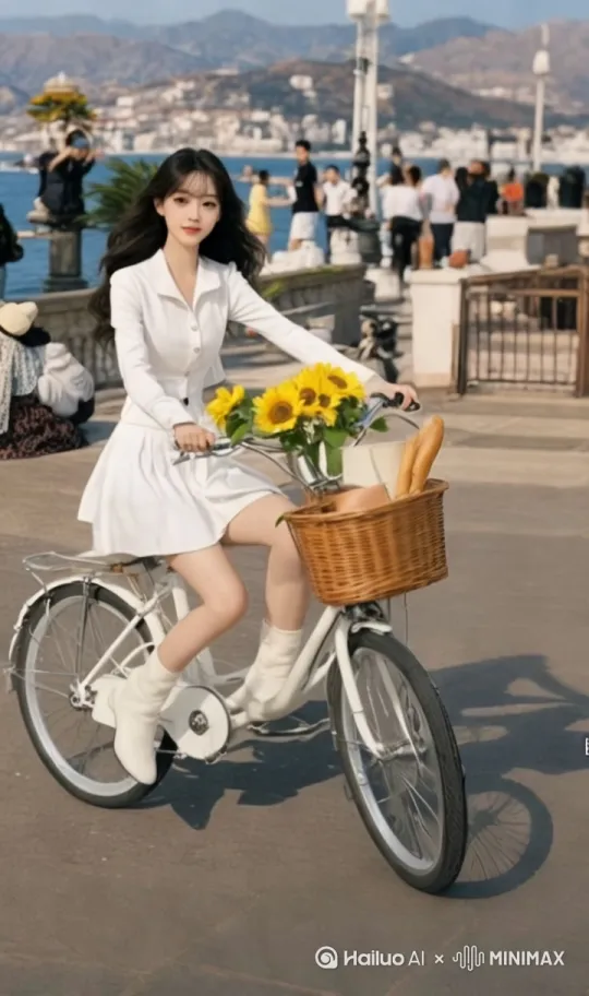 [右移,跟随]骑着自行车走在海边，微风吹过，头发随风飘动，对着镜头[变焦推进] by Hailuo AI Video Generator