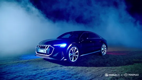 Wide shot of a sleek black 2023 Audi S8 stationary in a foggy open field at night, silver multi-spoke wheels and glossy body faintly reflecting blue neon glow, swirling mist around the car, dramatic backlighting, slow pull-back and upward crane shot, mysterious cinematic grandeur, hyper-realistic 4K visuals, consistent cold blue tones. by Hailuo AI Video Generator
