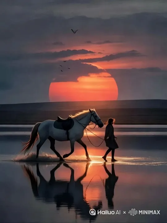 一个美女牵着一匹白马，在夕阳下走过浅浅的河水，荡漾起涟漪 by Hailuo AI Video Generator
