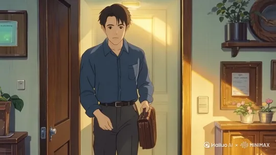 宫崎骏风格，穿着蓝色衬衣的男子，松手将手里的公文包放到地上，人物关门离开画面，镜头随着公文包落下，聚焦到离开的脚步上 by Hailuo AI Video Generator