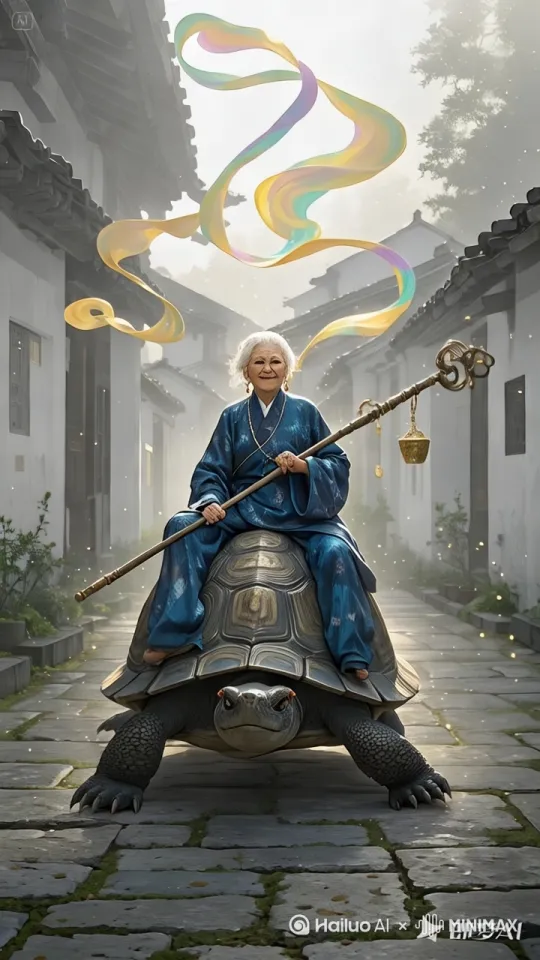 老奶奶骑着乌龟，乌龟腾空而起，在村庄上空飞行，向前飞去，速度极快，镜头跟随，动态移动 by Hailuo AI Video Generator