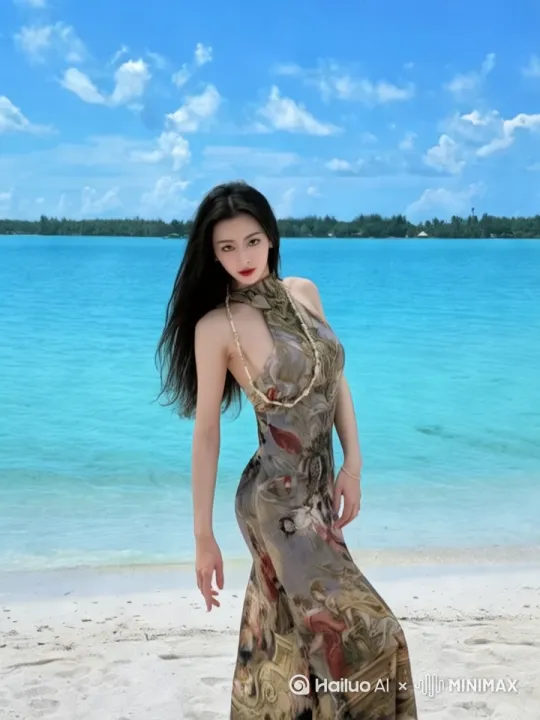 美女在海滩散步，微风吹起她的头发，海水微波粼粼，天空白云轻飘，感觉诗意舒适 by Hailuo AI Video Generator