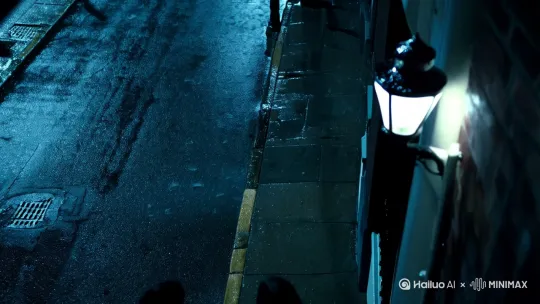 [下降,上摇]俯拍路灯下的雨夜街道，鸟瞰一位黑衣男子和一名穿风衣的女主角，一起相互依偎着行走，路灯下的身影被拉长，路灯闪烁。使用电影级的镜头语言和色彩调校，营造出画面偏暗，阴影浓重的氛围，画面色调为冷调蓝灰。 by Hailuo AI Video Generator