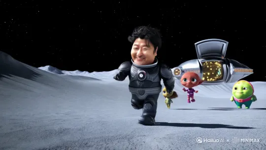 This man is a small dwarf and he walks on the moon surface with the spaceship,aliens and stars in the background. by Hailuo AI Video Generator