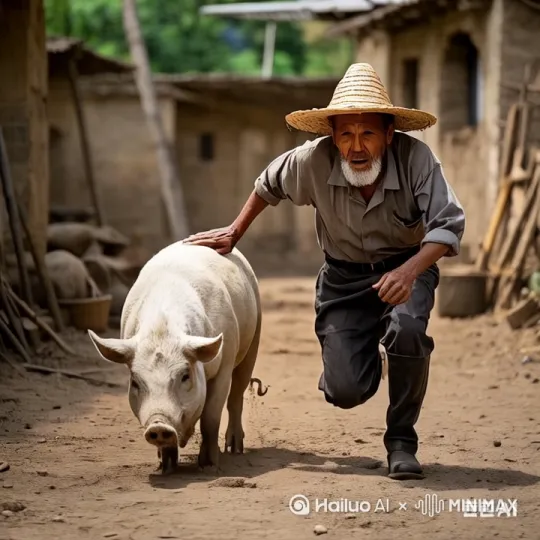 猪跑进了胡同，老头一跺脚上了房顶。 by Hailuo AI Video Generator