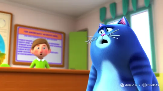 一只蓝色胖猫在英语课上骂装逼炫耀自己美国交换经历的老师 by Hailuo AI Video Generator