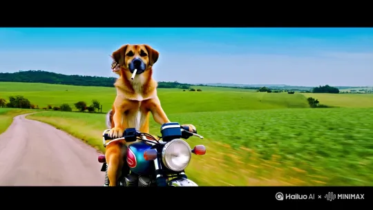 一个中华田园犬大黄，抽着烟，开着摩托车，后面搭着一个母猫 by Hailuo AI Video Generator