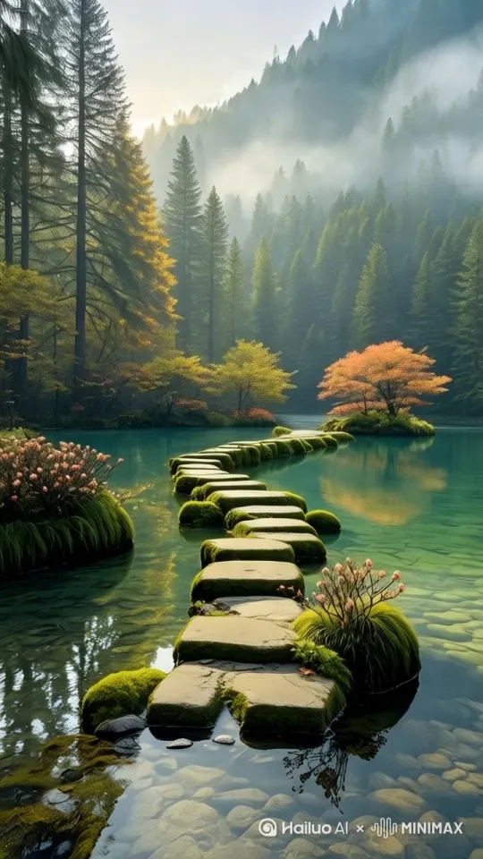 风吹拂湖面，云雾迷漫，花草摇拽，湖水轻渏，沿着石路向远处运镜 by Hailuo AI Video Generator