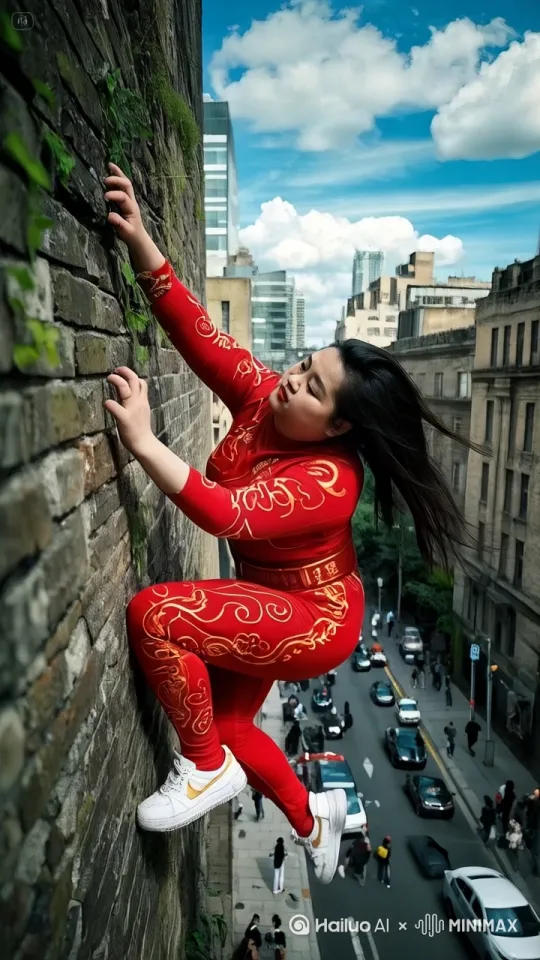镜头移动，动态跟随，女人在建筑物外墙上用中国功夫快速向上奔跑，手脚并用，飞檐走壁，动作迅速流畅 by Hailuo AI Video Generator