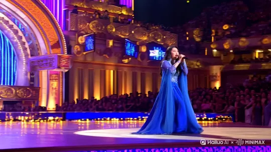请形成一段歌唱演员李娜唱歌时的视频，[右摇,变焦推进]运镜由远及近。 by Hailuo AI Video Generator