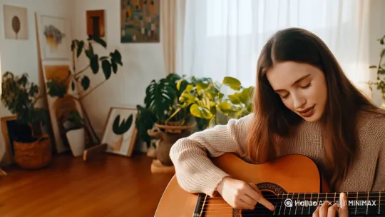 温馨的北欧风格客厅，午后阳光透过纱帘酒在木质地板上，一位长发披肩的年轻女性身着宽松米色针织衫与浅蓝牛仔裤，优雅地坐在奶油色沙发上，专注地弹奏着手中的原木吉他，闭眼沉浸于自我创作的旋律中，嘴角微扬，流露出对音乐的热爱与享受。四周摆放着各式艺术画作与绿植，为空梅增添了几分文艺与生机。
中景，侧面特写，捕捉演奏时手指舞动的瞬间 by Hailuo AI Video Generator