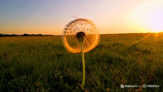 夕阳下，满天晚霞，田野里一个大大的蒲公英在，在微风的吹动下慢慢飘散，一颗颗蒲公英的种子飞向天空，晶莹剔透，俯视摄像角度，唯美梦幻，高清晰度，色彩柔和 by Hailuo AI Video Generator
