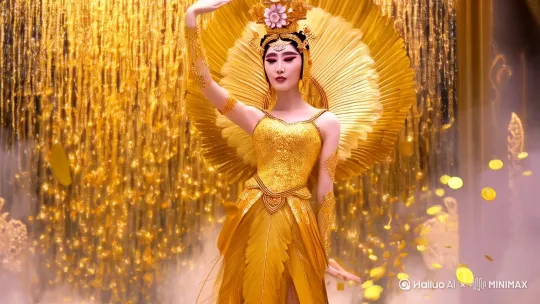 一个美丽的东方好运女神在撒金币，穿着金色羽衣，仙气飘飘，眉间有花钿，手臂有金色鳞片，腿长手长，白色皮肤 by Hailuo AI Video Generator