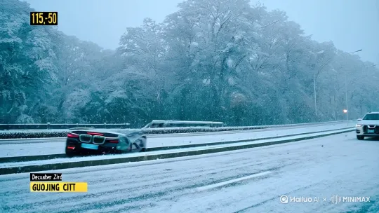 12月2日 天气大雪
就在今天上午 11 点 50 分的时候，国京市东城方向传来了一阵刺耳的碰撞声，一场惊心动魄的交通事故在此刻发生了！一辆炫酷的黑色宝马轿车正沿着道路自东向西疾驰着，而与此同时，另一辆白色 SUV 也从对面驶来。刹那间，两车轰然相撞，那巨大的撞击力度仿佛要将整个世界都震碎一般。 by Hailuo AI Video Generator