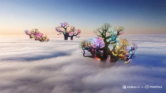 . 描绘一片悬浮着发光岛屿的云海，岛屿上生长着闪烁着五彩光芒的奇异树木，树木的枝干扭曲蜿蜒，仿佛在诉说古老的故事，云海中偶尔有透明的飞鱼穿梭而过，它们的鳍闪烁着荧光。 by Hailuo AI Video Generator