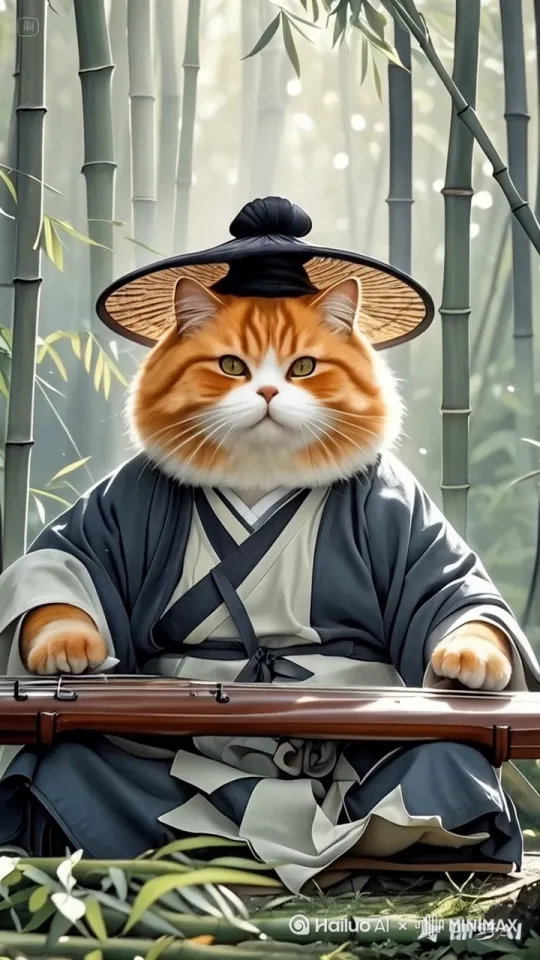 一只体型圆润的橘色长毛猫穿着深灰色棉麻材质道袍，头戴玄色混元巾道帽，盘腿坐在晨雾缭绕的竹林空地，毛茸前爪按在桐木古琴琴弦上，琴面有梅花断纹，背景可见细密竹叶与穿透林间的光束，中国水墨画风格，8K超清细节，浅景深突出猫道士威严又呆萌的反差感，古琴木质纹理与丝质琴穗清晰可见，猫胡须自然翘起，圆眼半闭显出专注神态，画面采用青绿色调和暖棕色调融合，柔光处理增强仙气氛围，电影级横构图 by Hailuo AI Video Generator