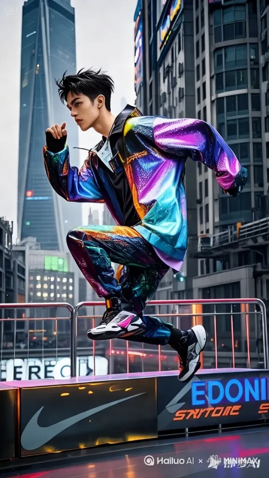 前方高楼林立，对他来说却是天然的 “冒险乐园”。他起跑、助跳、翻越栏杆，动作一气呵成，如猎豹般敏捷，飞檐走壁间，衣角随风飘动，每一个瞬间都帅到离谱，让人忍不住尖叫！ by Hailuo AI Video Generator