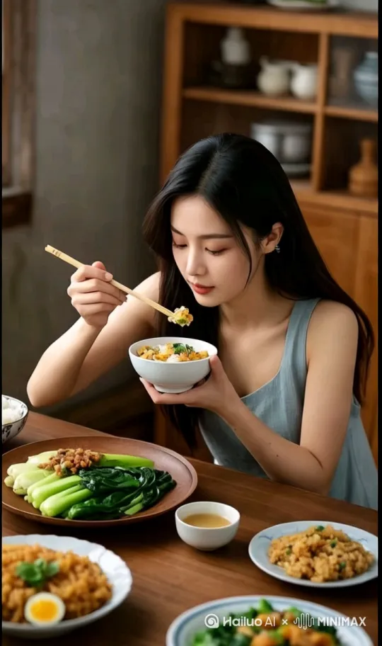 美女从碗里夹菜吃饭，面带微笑。[左移,右摇,跟随] by Hailuo AI Video Generator