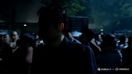 一个长相酷似周星弛的人，从黑暗中穿过人群走过来。雨水打在他的脸上，他好像哭过。 by Hailuo AI Video Generator