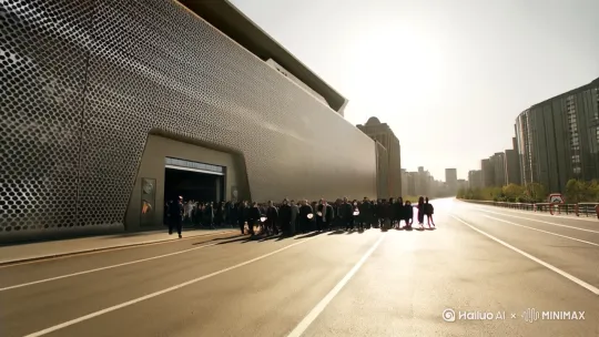 场景 1：城市角落

镜头：俯拍全景
描述：展示巨大的建筑墙面和六边形孔洞图案，弯曲的道路延伸向远方。
动作：人群从建筑物的大门走出。
场景 2：人群

镜头：中景
描述：展示人群的细节，男男女女，有老有少，面无表情，右手提着笑脸面具。
动作：人群缓慢行走，面无表情。
场景 3：光影效果

镜头：特写
描述：阳光照射在道路上，形成明显的光影区域。
动作：光影随着人群的移动而变化。
场景 4：建筑与人群的对比

镜头：俯拍全景
描述：展示建筑墙面、道路以及人群所处的整个环境。
动作：人群在宏大的建筑背景下显得渺小。 by Hailuo AI Video Generator