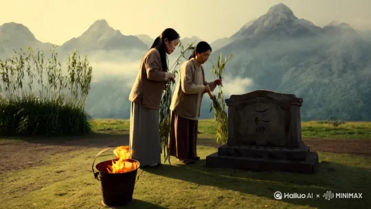 "Traditional Qingming Festival scene, family cleaning tombstone with willow branches, burning joss paper in iron bucket, misty mountain background, soft morning light, Chinese ink painting style --ar 9:16 --style raw"
# 关键参数：添加「--no open_flame」避免AI生成危险画面 by Hailuo AI Video Generator