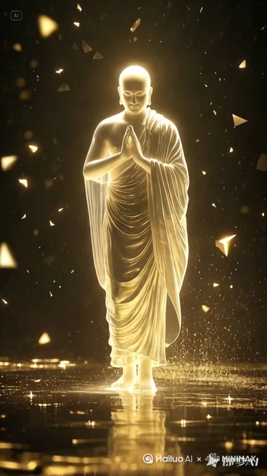 图中的大和尚一步一莲花，漫步从图片深处走出来。每走一步，脚下绽放一朵金色莲花 by Hailuo AI Video Generator