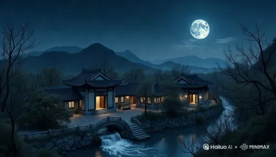 镜头环绕房子，缓缓推进房子。河水瀑布流动，树叶随风摆动。 by Hailuo AI Video Generator