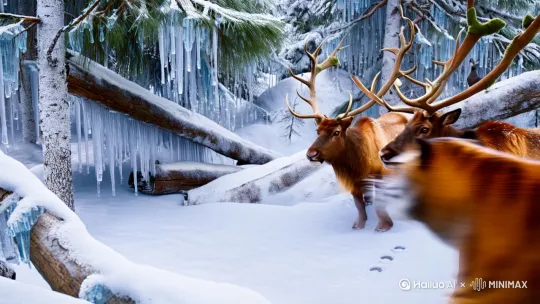 **场景设定：**  
"针叶林边缘的雪地特写，松枝积雪与冻土构成猎场，斯坦尼康稳定器轻微起伏模拟野生动物摄影师跟拍视角"  

**主体描述：**  
1只琥珀瞳孔的东北虎（毛皮呈现霜雾状条纹） vs 2只珊瑚角麋鹿（鹿角分叉处残留苔藓痕迹），虎爪与鹿蹄距镜头仅15米，肌肉纤维与冬季绒毛在寒风中清晰颤动  

**动态动作：**  
"虎掌拍击溅起钻石尘雪雾（慢镜头展现利爪伸展机制），鹿群后蹄蹬踏引发冻土碎块弹射，鹿角格挡时冰晶崩裂，顶级掠食者与食草动物特有的动能传导动态"  

**环境细节：**  
"背景散焦层可见：倒伏云杉的树脂冰挂/雪兔蹿过的连环足印/渡鸦惊飞震落的树挂，前景呼气白雾在镜头保护罩上凝结霜花"  

**光影效果：**  
"17:00的冬日斜射光（长阴影强化纹理立体感），虎眼在暗部泛出磷光绿，雪地反射使腹部绒毛呈现蓝调补光，鹿角冰壳产生棱镜色散"  

**技术参数：**  
"全画幅超长焦生态摄影，1200mm镜头压缩空间感，-25℃低温色彩校准，动物眼控AF持续追踪，动态范围拓展至16EV"[右移,左摇,跟随] by Hailuo AI Video Generator
