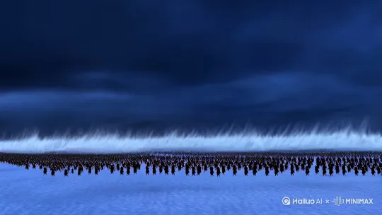[下摇,拉远,变焦拉远]广角风雪中曹军缩成黑点，蹋顿祭坛锁链捆亡魂；冷蓝与金光对冲；音效：狂风呼啸+AI语音“关注解锁隐藏剧情”。 by Hailuo AI Video Generator
