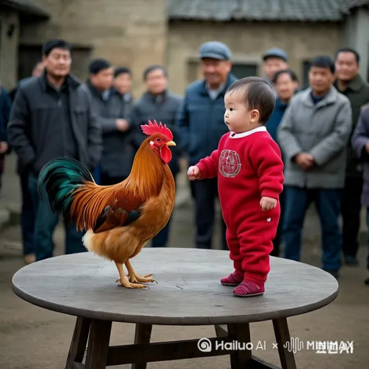 公鸡和孩子打起来，公鸡不断踢孩子，孩子手脚并用和公鸡打起来，直到打的产生火花了，[晃动] by Hailuo AI Video Generator