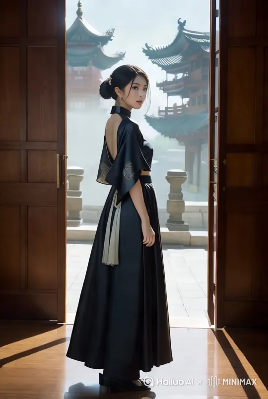 镜头绕美女转动半圈，转到美女的正面，美女向前行走七八步，挥手致意，面带微笑。 by Hailuo AI Video Generator